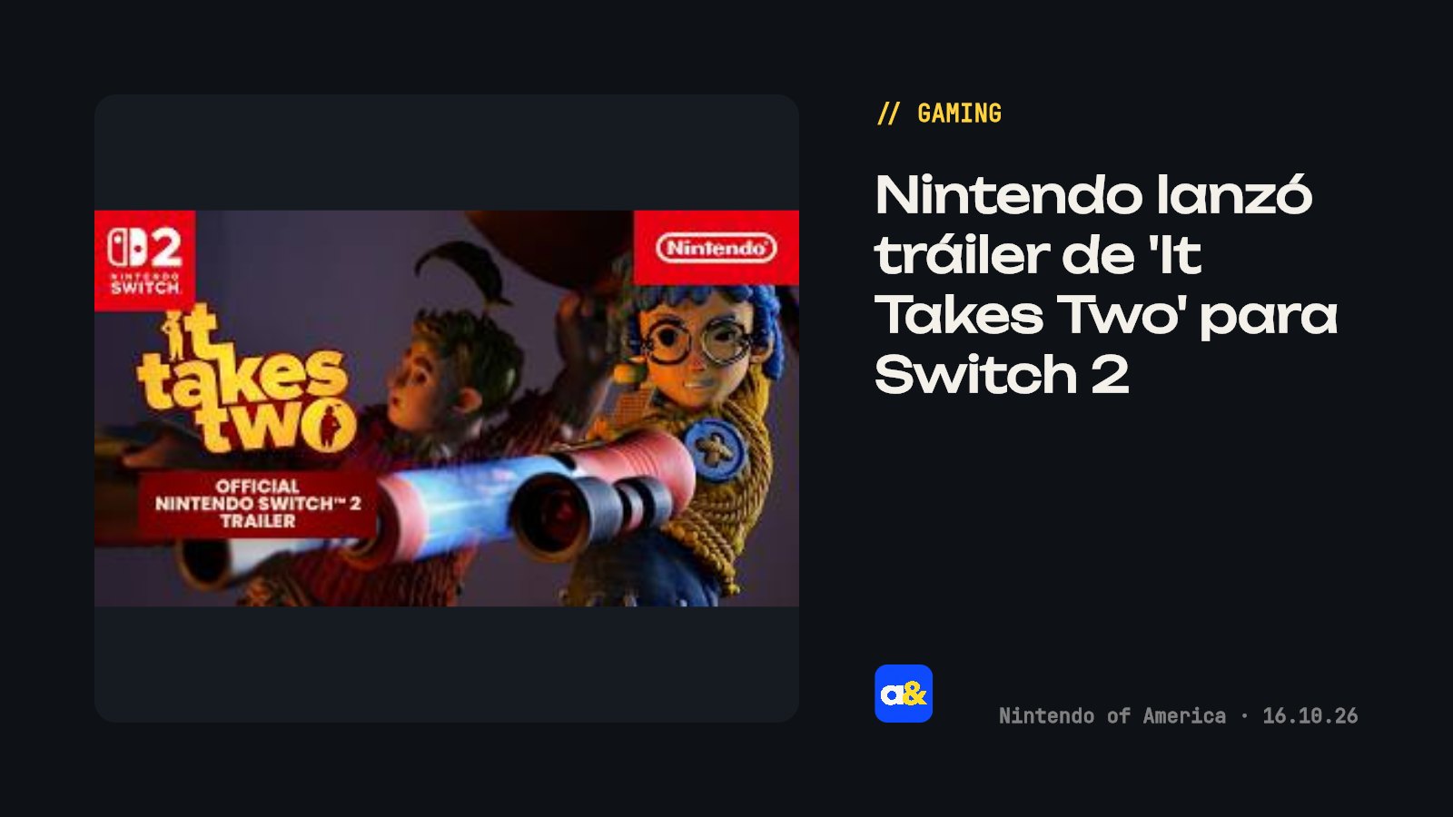 Nintendo lanza tráiler de 'It Takes Two' para Switch 2
