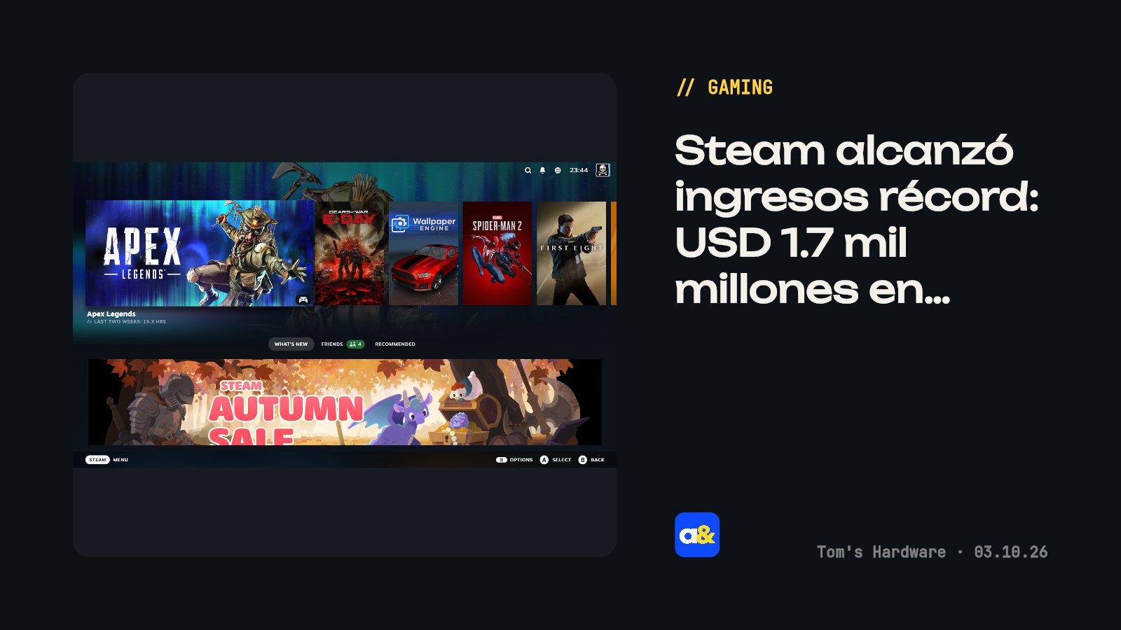 Steam alcanzó ingresos récord de USD 1.7 mil millones en septiembre 2026
